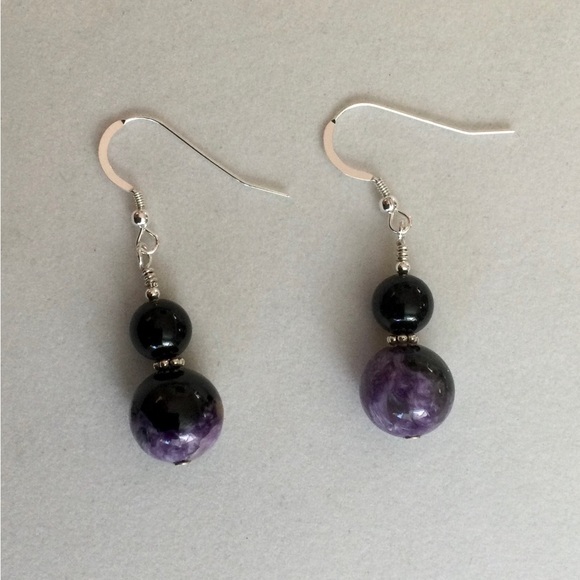 NWT Black Jade, Charoite & Sterling Earrings - c 40 tcw Natural Mineral Gems - Picture 3 of 6